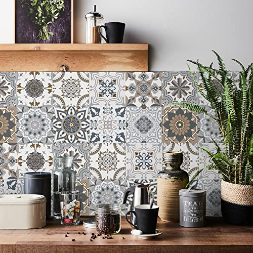 HORIWE Mandala Fliesenaufkleber 24 Stück Retro Kunst Wandfliese Aufkleber | Wasserdicht & ölabweisend Fliesensticker Selbstklebende Fliesen Tapete Wandaufkleber für Küche,Schrank,Möbel,Tisch,Badezimmer