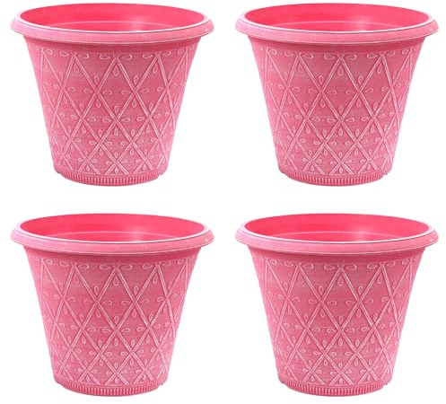 Fyne-Finds Set of 4 Round 30cm, 12inch Garden Plastic Material Plant Pot Pink Outdoor Planter Decorative Cover, Drainage Holes, Weather Proof