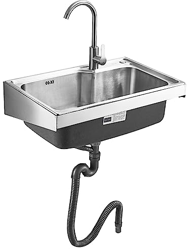 Edelstahl Spülbecken Einzelbecken Küchenspüle 1 Becken Wandmontierte Waschbecken Outdoor Garage Garten Spülschrank, Praktisches Handwaschbecken,Mit Wasserhahn + Zubehör (48x35cm)