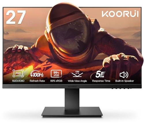 KOORUI 27-tums FHD-skärm, datorskärm (1080P, 100 HZ, HDMI+VGA, 99% SRGB, 4 ms svar, ögonvård) praktiskt taget gränslös designskärm