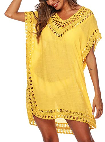 Edhomenn Women Tassel Swimsuit Cover Ups Solid Color Cutout Beach Dress V-Neck Short Sleeve See Through Beachwear