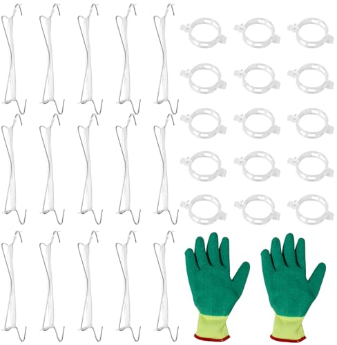 Tomatenhaken mit Schnur, 15 Stück Tomaten Haken mit 15 Pflanzenstützclip, Tomato Hooks, Tomatenhaken Metall, mit 1 Paar Handschuhen Geliefert, Tomatenstützhaken Set für Hängende Tomaten und Gurken