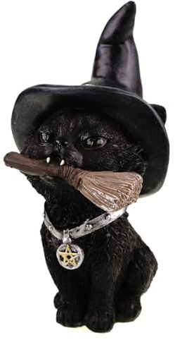 Kremers Schatzkiste Schwarze Hexen Katze mit Besen 18cm Gothic Dekofigur Okkult zum hinstellen Katzendeko mit Hexenbesen