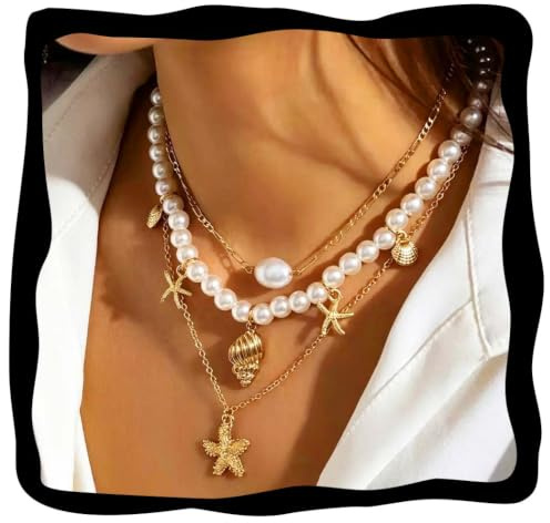 Fashband Boho Geschichtete Halskette Gold Seestern Perle Halsketten Anhänger Strand Sommer Accessoires für Frauen, Kunststoff