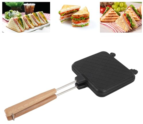 Topyond Double Sided Frying Pan Aluminum Sandwich Maker with Solid Wood Handle,Non Stick Stovetop Sandwich Press for Gas and Induction Stoves,Panini Grill for Grilled Cheese