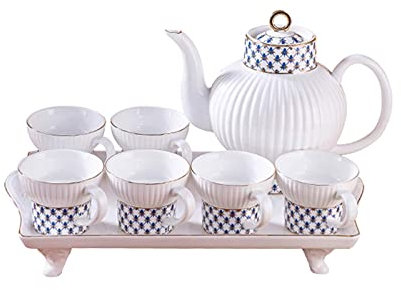 sjdoPulse Juego De Té Juego De Té De Cerámica De 8 Piezas Adecuado para Café, Té De Flores Y Frutas Contiene 6 Tazas De Té, 1 Tetera, 1 Bandeja Taza De Té De La Tarde De Estilo Moderno Y Lujoso