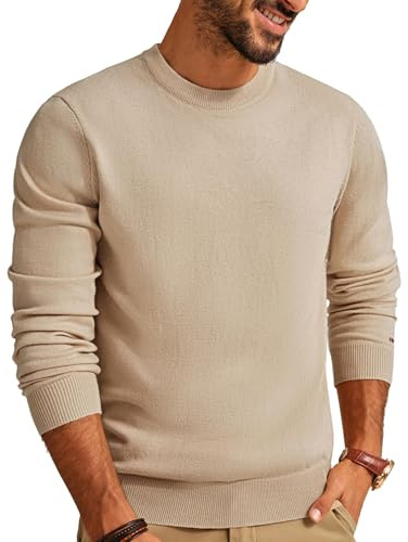 PJ PAUL JONES Sweater for Men Crewneck Wool Blend Knit Thermal Long Sleeve Basic Stylish Casual Fall Pullover Sweater Beige L