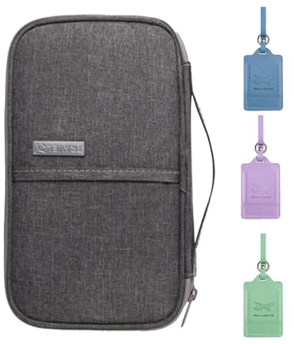 DKDDSSS Reisepass Tasche, Reisepass Tasche Familie, Familie Reiseorganizer, Reiseunterlagen Organizer, Reisedokumententasche, Tragbare Reisepasshülle Ausweistasche (Grau), 3 Stück Kofferanhänger