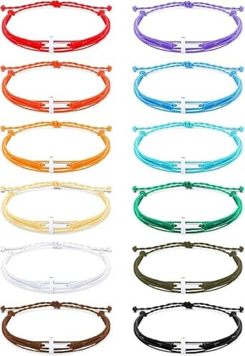 Lot de 12 bracelets en forme de croix pour homme et femme - Corde en nylon réglable - Bracelet tressé à la main pour adolescents et enfants - Bijoux chrétiens faits à la main - Bracelets en vrac