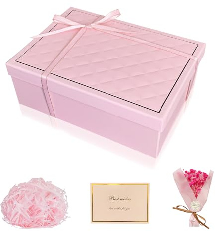 TAIHOBO Caja Regalo Cumpleaños Pequeñas, Cajas Regalo Bonitas Plegable, Caja para Regalo con Tapa Tarjeta Cinta Rafia, para Boda Navidad San Valentín Cumpleaños (Rosa)