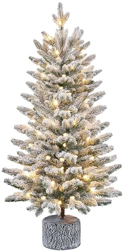 Yaheetech 3ft/92cm Pre-lit Potted Flocked Tabletop Christmas Tree, Mini Snowy Frosted Artificial Spruce Xmas Tree with 50 Warm White LED Lights and 355 PE Branch Tips for Home Porch Decor