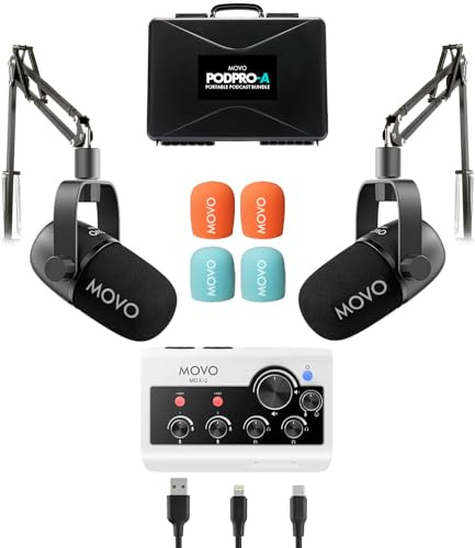 Movo Portable Podcast Equipment Pack for iPhone/Android Phones, Podcast Kit with Audio Interface, 2 Dynamic CastMic Microphones, 2 Microphone Arms for Smartphones, Computers, PC