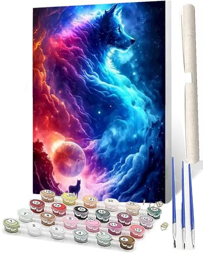 WMZPOY Malen Nach Zahlen Erwachsene DIY Handgemalt Ölgemälde Kit für Anfänger und Erwachsene Bunter Fantasie-Wolf-Sternenhimmel_011 Mit 3-Pinseln und AcrylfarbeOhne Rahmen 40X50CM