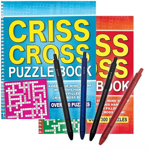 ihoot Spiral Criss Cross Puzzle Books & Pens Bundle | 2x Books + 4 Pens | Adult Word Games & Crosswords
