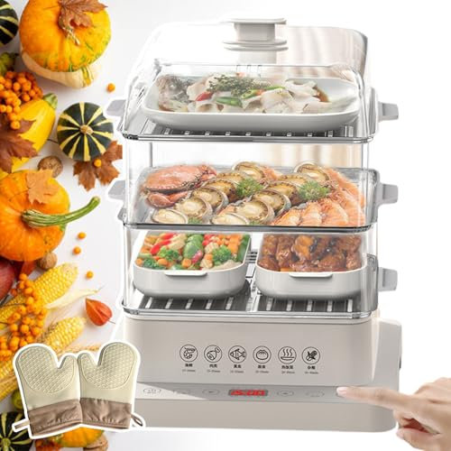 pedenencelia Vaporera Eléctrica 800 W,Vaporera Alimentos 3 Niveles,Temporizador 12 H,Plegable,Pantalla Digital Led,con Bandejas Acero Inoxidable 3 Niveles,Un Par Guantes Aislantes del Calor