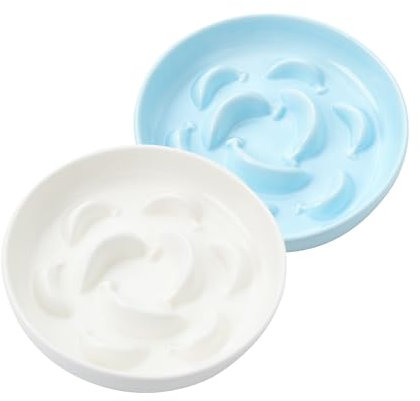 Anti Schling Napf Katze Set - 2 Stück Antischlingnapf Katze Keramik - Katzennapf Set Langsam Fütterung - Doppel Futternapf Katze - Katzennäpfe in Pastellfarben - Fressnäpfe für Katzen - Weiß und Blau