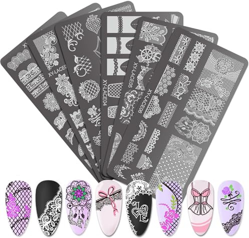 Lot de 6 plaques de stamping pour décoration de manucure, nœuds, fleurs et dentelle
