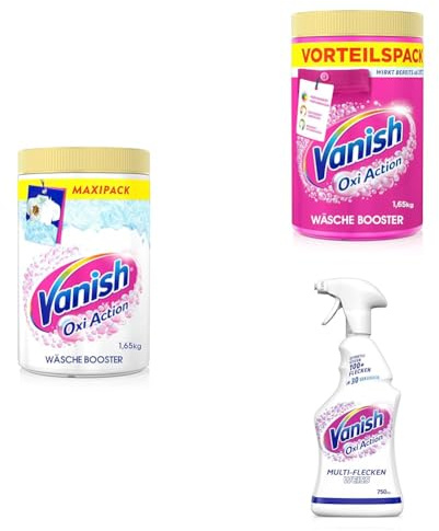 Vanish Power im Trio: Vanish Oxi Action Powerweiss Pulver – 1 x 1,65 kg + Vanish Oxi Action Pulver Pink – 1 x 1,65 kg + Vanish Oxi Action Multi-Flecken-Vorwaschspray für weiße Wäsche – 1 x 750 ml