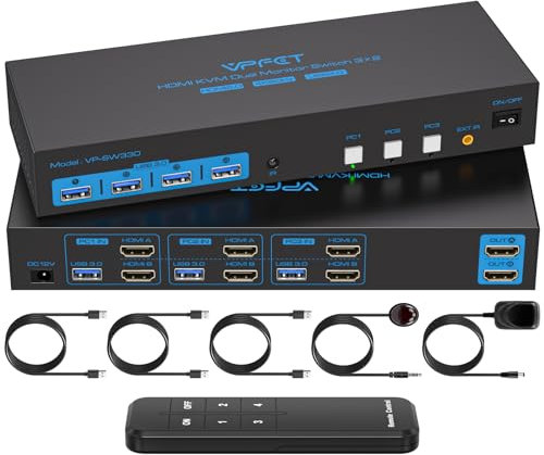 CMSTEDCD USB 3.0 KVM Switch 3 PC 2 Monitor 4K60Hz Simulazione EDID Switch KVM con 4 Porte USB per Tre Computer che Condividono 2 Monitor e Quattro Periferiche con 12V DC Adapter