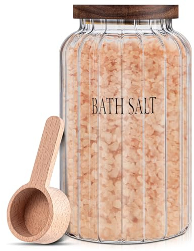 1 Pack 94 oz Large Bath Salt Container with Scoop and Airtight Wooden Lid | Ribbed Glass Bath Salt Jar with Scoop and Wooden Lid, for Bathtub Accessories, Spa, Bathroom Counter, Vanity and Laundry Room