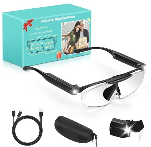 250% Magnifying Glass with Light, Rechargeable Head Magnifier Glasses with Lights, Flip-top Hands Free Magnifier Eyeglasses for Close Work, Jewelry Reading Craft Hobby, Black