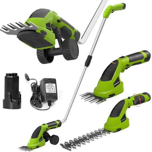 FOONNUN 3-in-1 Cordless Hedge Trimmer, 7.2V Handheld Electric Grass Trimmer with Wheeled and Extension Pole, 1 Fast Charge and 2000mAh Battery for Garden, Yard and Lawn
