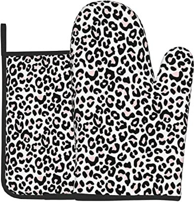Ofenhandschuhe und Grillhandschuhe mit weißem Leoparden-Geparden-Motiv, Topflappen, Ofenhandschuhe und Topflappen mit Kochhandschuhen zum Backen, Grillen, Kochen