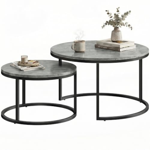 HOMCOM Couchtisch rund 2er Set Stapelbarer 78,5 x 78,5 x 46,5 cm Grau | Beistelltisch mit Metallrahmen, Wohnzimmertisch mit Zementoptik, Kaffeetisch Satztisch, Wohnzimmer, Schlafzimmer