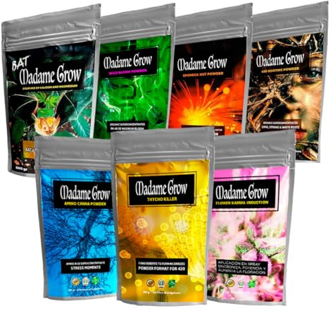 MADAME GROW Pack Flower Karma Induction 30 g + Trycho Killer 50 g + Wild Bloom Powder 100 g + Rooting Powder 100g + Eponeca Nut Powder 100 g + Bat Guano 500 g + Amino 100g, Engrais et Fertilisant
