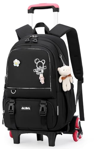 Amythe Schulrucksack Trolley für Mädchen Teenager, 6 Rollen, Schwarz | Schultasche mit Rollen mit Anhänger für Mädchen 9-18 Jahre, Abnehmbarer Schultrolley für Schule Reisen, Schulstart