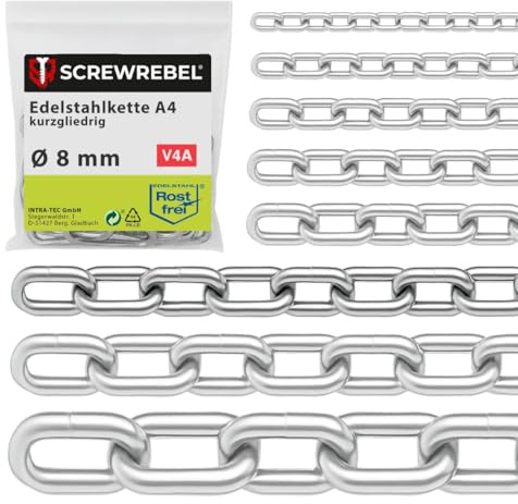 SCREW REBEL 8,0 mm starke Edelstahlkette A4 rostfrei, Gliederkette 3 m lang, kalibriert, Hebekette kurzgliedrig DIN 766, Zugkette, Rundstahlkette V4A mit 3 Meter Länge