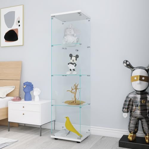 LLODERY Vertikale Vitrine aus Glas, 166 x 43 x 38 cm, Vitrine mit Vier Ebenen mit DREI Trennwänden aus Glas, Eckmöbel mit Türschloss, für Sammlungen, Wein, geeignet für Wohnzimmer, Büro (weiß)