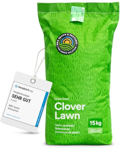 MRS Clover Lawn : Semences de gazon avec micro-trèfle - 15 kg pour 750 m² - Pelouse luxuriante et durable - Résistante à la sécheresse - Peu d’entretien - Idéale pour les zones ombragées