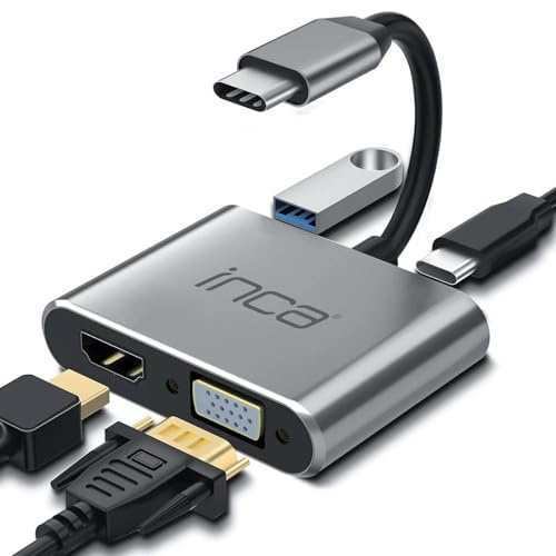 İnca ITPC-06TX - 4 in 1 USB C auf HDMI VGA Adapter, 4K@30Hz HDMI mit PD 100W Ladeanschluss, USB 3.0 Typ C Multiport für MacBook, Dell, HDTV, Chromebook