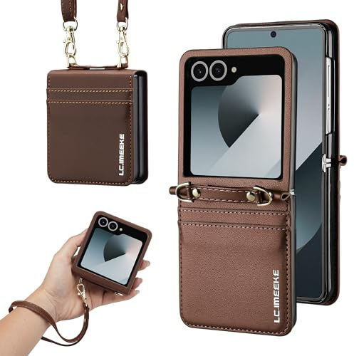 ZHOZEXIN Étui Portefeuille élégant en Cuir PU pour Samsung Galaxy Z Flip 7, avec Support, Fente pour Cartes, dragonne et bandoulière.（Brun）
