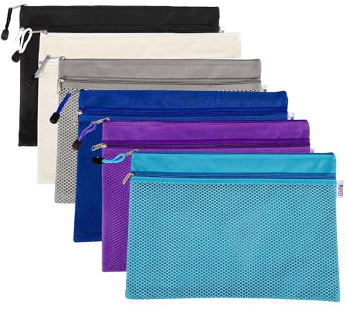 A4 Oxford Cloth Waterproof Zipper File Bags, 6pcs Zip Bags Wallets File Document Pocket Double-Layer Grid Receipt Toy Puzzle Organizer for Office School Home Supplies Travel Accessories