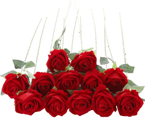 Cloudecor 12Pcs Red Roses Artificial Flowers Fake Roses Faux Velvet Silk Flower for Home Wedding Decoration (Pearl Rose, Red)