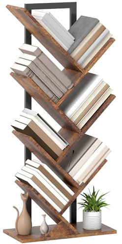 HOMCOM Bücherregal Standregal mit 7 Ebenen Schmal Regal im Baumform Aufbewahrungsregal Eckregal Büroregal Raumteiler für CDs, DVDs, Alben, Wohnzimmer, Schlafzimmer, Büro, Rustikal Braun