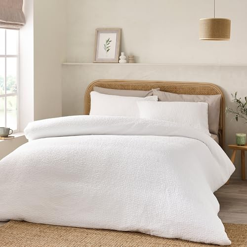 Catherine Lansfield Crinkle Seersucker - Set copripiumino singolo con federa, colore: bianco