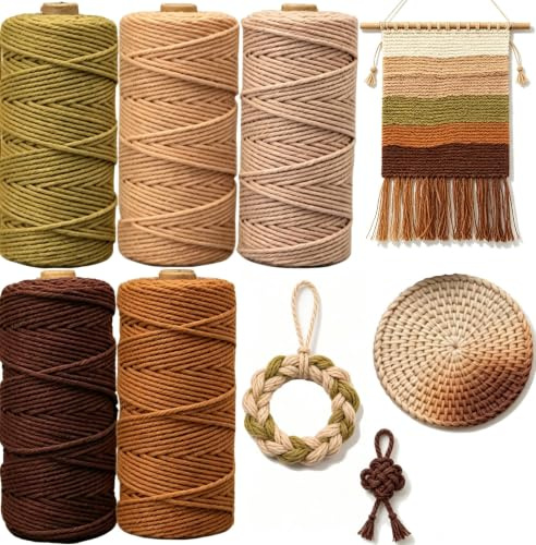 5 Stück Makramee Garn 3mmx50m, BetterJonny Baumwoll Bastelschnur Makramee Baumwollgarn 3mm Baumwollkordel Natur Bunte Baumwoll-Bastelschnur für Basteln Stricken Aufhängen DIY Handwerk-Brauntöne