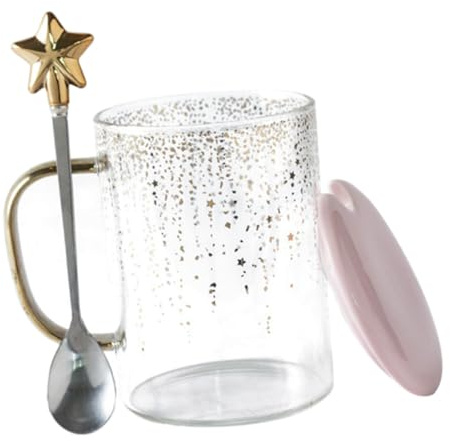 VERDANVERSE Pink Glass Water Cup with Lid and Spoon Star-Shaped Coffee Mug Transparent Tea Drinking Cup Gift for Friends