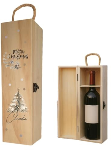AWASG Caja de vino de madera personalizada, caja de regalo de Navidad, botella de vino con nombre, caja de regalo de madera, caja de vino, caja para botellas (1 botella de árbol de Navidad)
