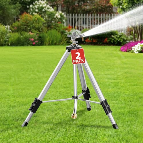 SPECILITE Schlagregner aus Messing auf Stativbasis, 2 Packungen, 91,4 cm, robustes pulsierendes Teleskop, 360-Grad-Bewässerung für große Flächen, Hof, Rasen, Gewässer bis zu 21,3 m, Abdeckung bis zu