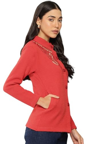 Aarika Damkofta av ull, broderad, beige, röd, S
