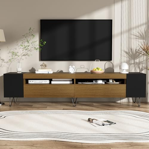FammyLoft Modern TV Cabinet with Storage Space, TV Stand Unit with Side Shelves, Lowboard with Black Wood-effect for Living Room, 180 * 36 * 43 cm, Black and Wood