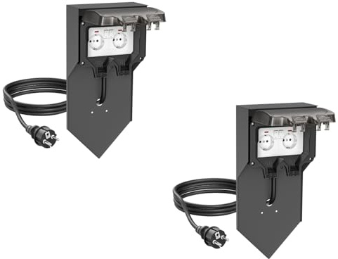ledscom.de 2 Stück Steckdosensäule POXO mit Erdspieß und 2m Kabel für außen, IP65, 2-Fach, anthrazit/schwarz, eckig, 40cm
