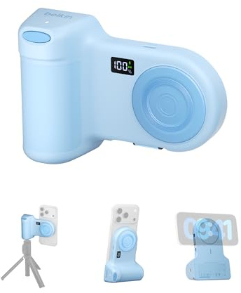 Belkin Stage PowerGrip 9300mAh Magnetic Camera Grip with Power Bank - Blue | 9.3K Portable Wireless Charger, 15W, USB C Port, Cable Included, Built-In Bluetooth Shutter Button, Phone Stand, Pre-Charged