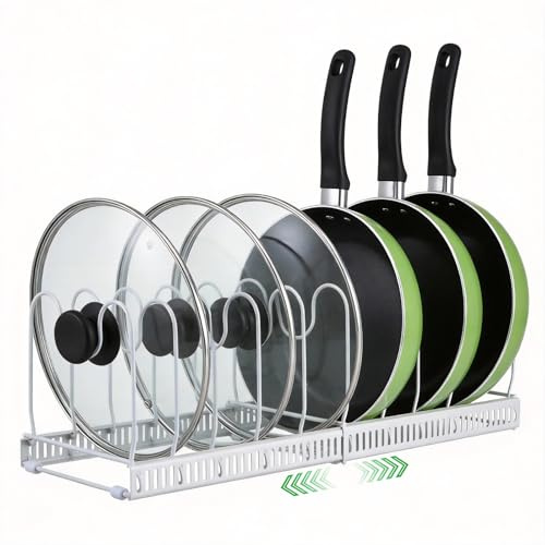 MICHIHOMIE Expandable Pans Organiser Rack, Pan Lid Storage with 10 Adjustable Dividers and Non Slip Feet, Kitchen Cupboard & Drawer Storage Organiser for Pots, Pans, Chopping Boards, Baking Trays