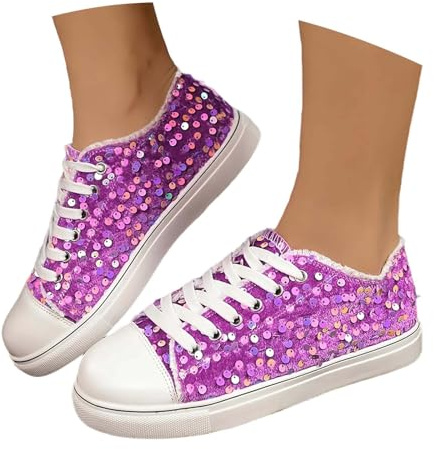 Nuqqichongtian Sneaker da donna con glitter – Sneaker da donna con plateau traspirante con lacci, comode e leggere con paillettes metalliche, con strass, scarpe da corsa all'aperto