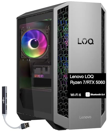 Lenovo LOQ Tower Gaming Desktop PC (AMD Ryzen 7 8745HX, GeForce RTX 5060 8GB GDDR7, 64GB DDR5, 1TB PCIe SSD + 3TB HDD, RGB Fans, 500W PSU, WiFi 6, Bluetooth 5.4, Win 11 Home) w/DKZ USB Port Expander